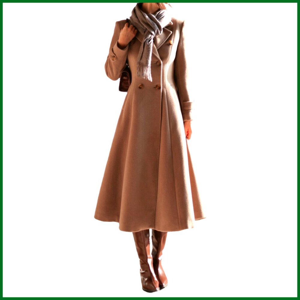 Wool Blend Long Trench Coat Double Breasted Pea Coat Slim Fit